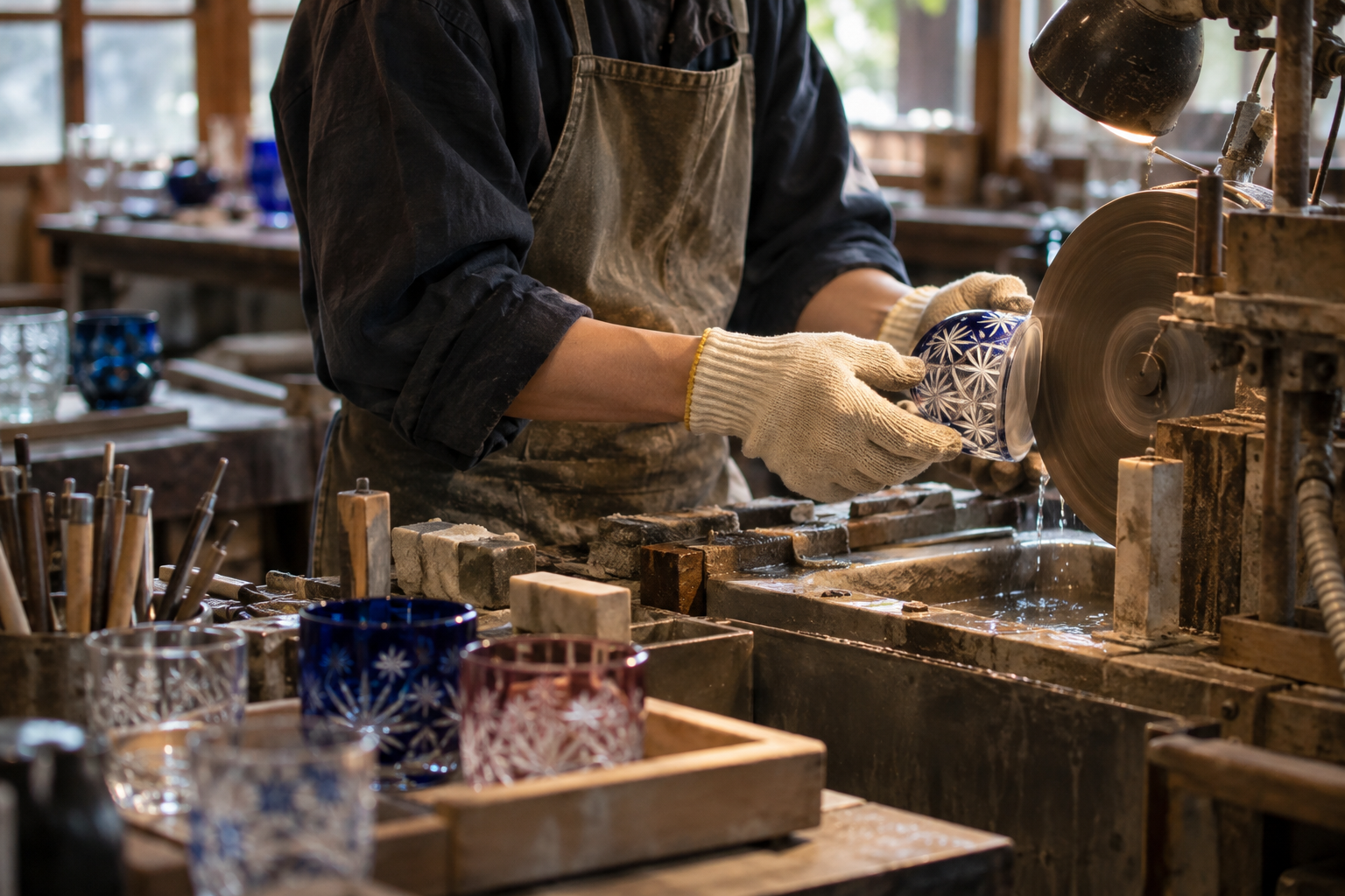 Hands cutting a patterned Edo Kiriko glass vessel against a grinding wheel